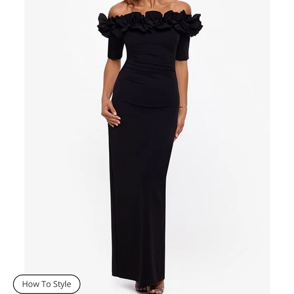 XSCAPE Ruffled Off-the-Shoulder Short Sleeve Crepe Sheath Gown